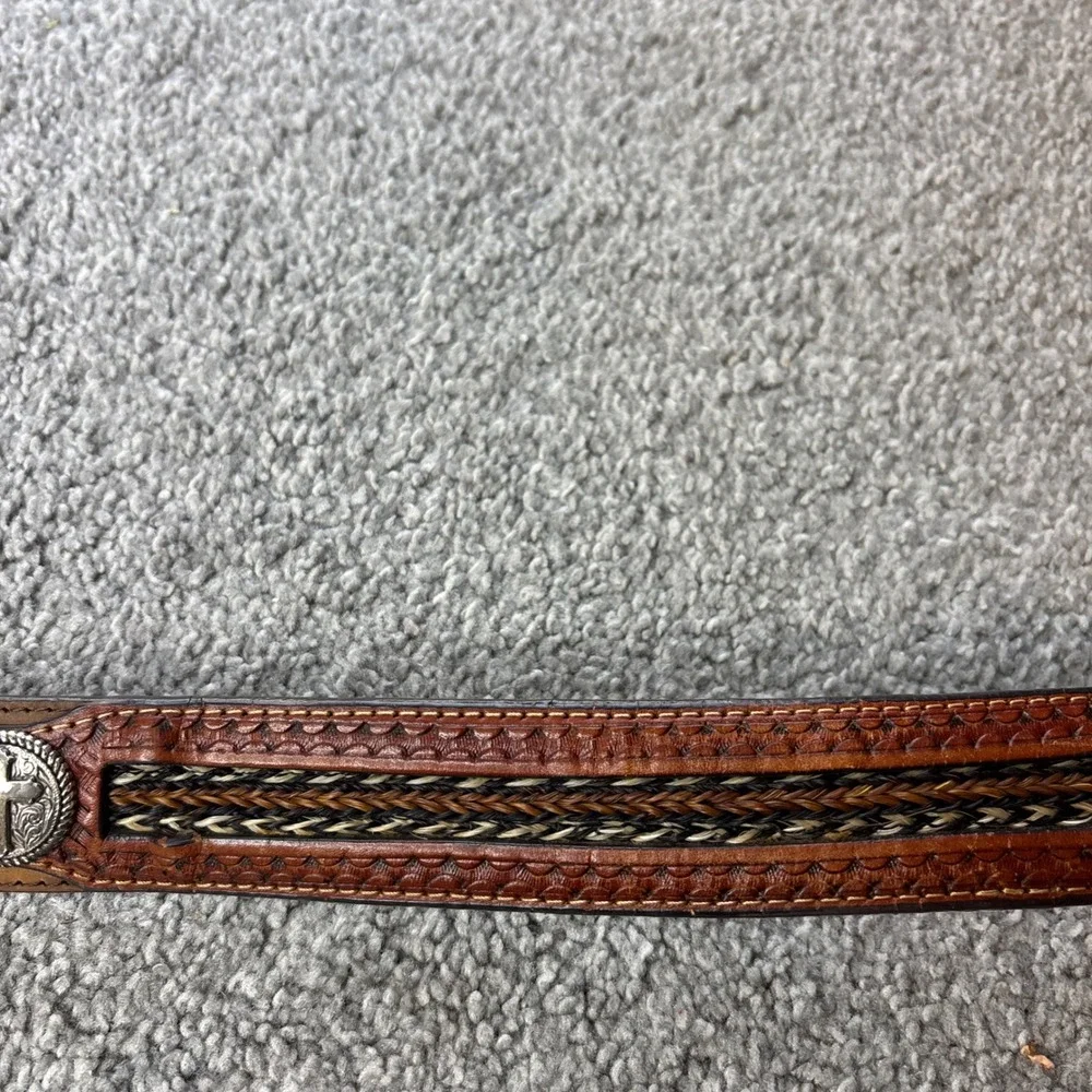 vtg Western Leather‎ Belt braided horsehair inlay cross Brown Conchos Studded 38